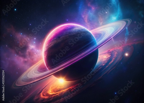Glowing Ringed Planet, Minimalist Space Art, AI Generated Cosmic Scene, Starry Night, Celestial Body