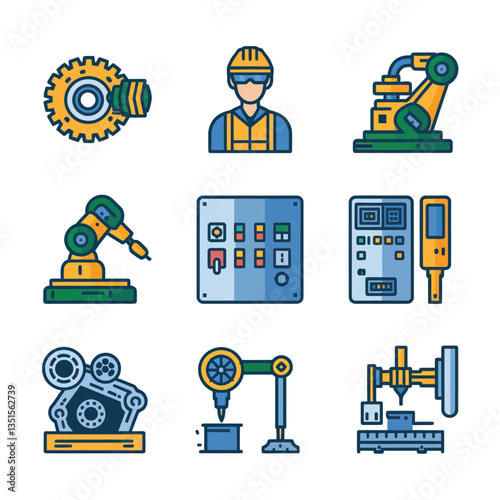 2d vector illustration colorful machine , worker and Industry and its development technology, factories and production lines icon
