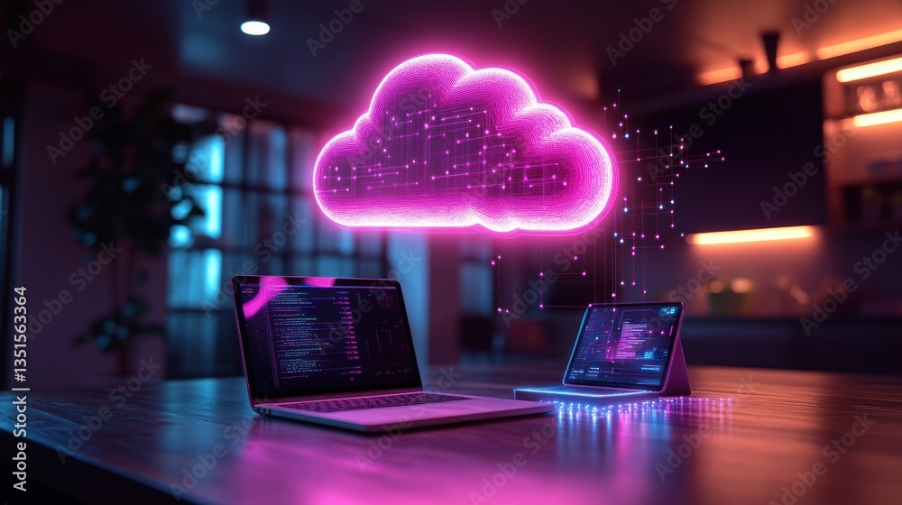 Obraz premium Cloud computing data transfer from devices in home office at night