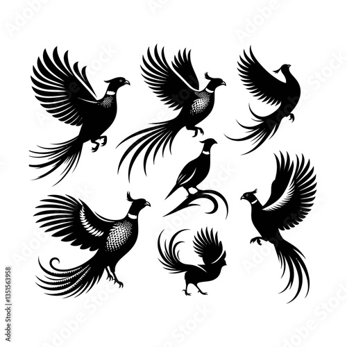 pheasant bird set logo silhouette black color isolated white background 