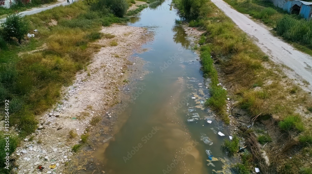 Aerial View of Polluted River Bank Aerial View of Polluted River Bank