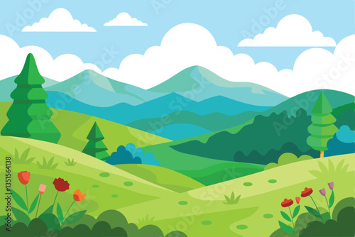 Cartoon Spring Landscape with Blooming Flowers, Green Hills, Trees & Blue Sky Clouds