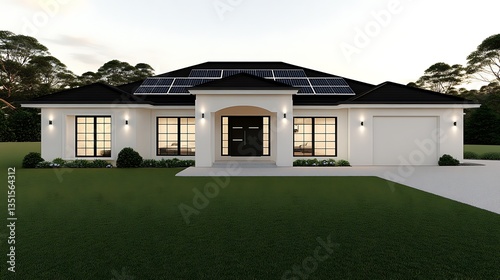 Wallpaper Mural Modern house exterior at dusk, solar panels, suburban setting, design Torontodigital.ca