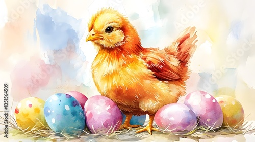 Adorable Easter Chick with Colorful Watercolor Eggs Nest Springtime