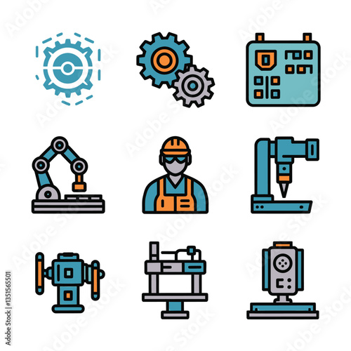 2d vector illustration colorful machine , worker and Industry and its development technology, factories and production lines icon
