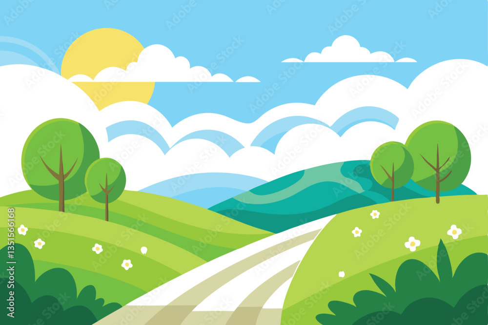 Fototapeta premium Cartoon Summer Landscape with Green Hills, Path, Trees, Blue Sky and Bright Yellow Sun