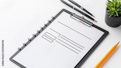 Modern clipboard with design layout, pencils, and pens on a white desk with a small plant, ideal for office scenes.
