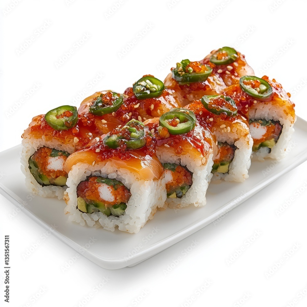Elegant Arrangement of Sushi Rolls Featuring Fresh Seafood, Vibrant Garnishes, and Artistic Plating. Elegant Arrangement of Sushi Rolls Featuring Fresh Seafood, Vibrant Garnishes, and Artistic Plating.
