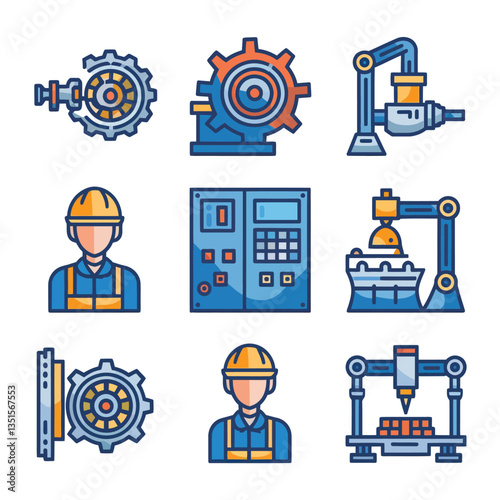 2d vector illustration colorful machine , worker and Industry and its development technology, factories and production lines icon
