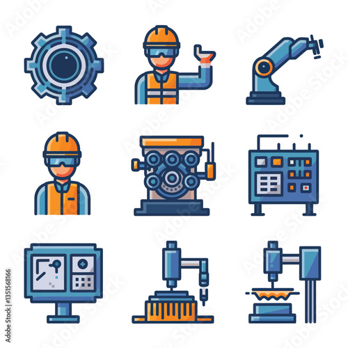 2d vector illustration colorful machine , worker and Industry and its development technology, factories and production lines icon
