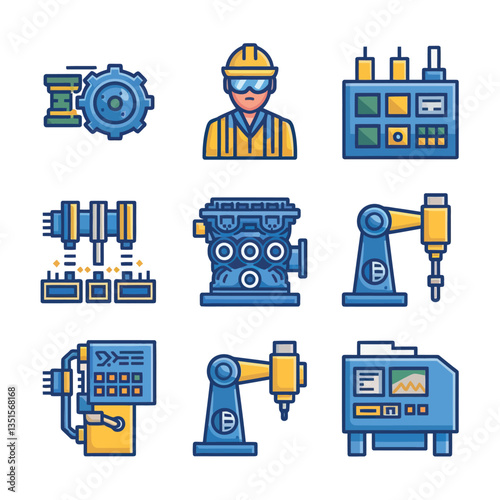 2d vector illustration colorful machine , worker and Industry and its development technology, factories and production lines icon
