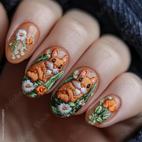 Adorable embroidered nail art!  These intricately detailed designs feature orange critters nestled amongst delicate flowers.  A charming and creative manicure.