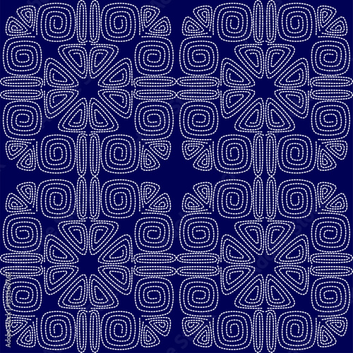 stitch Japanese Sashiko pattern embroidery abstract seamless geometric ornaments white stitch line artwork indigo blue background fashion design template decoration hand drawn printed needlework quilt