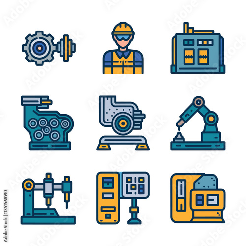 2d vector illustration colorful machine , worker and Industry and its development technology, factories and production lines icon
