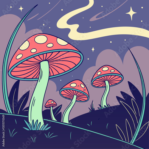 Neon Mushroom Forest with Cosmic Vibes Psychedelic Fantasy Art Vector Design