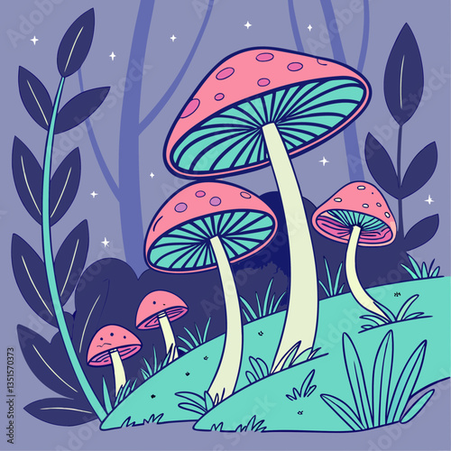 Neon Mushroom Forest with Cosmic Vibes Psychedelic Fantasy Art Vector Design
