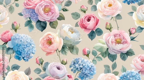 Beautiful Watercolor Floral Pattern Roses Hydrangeas Design