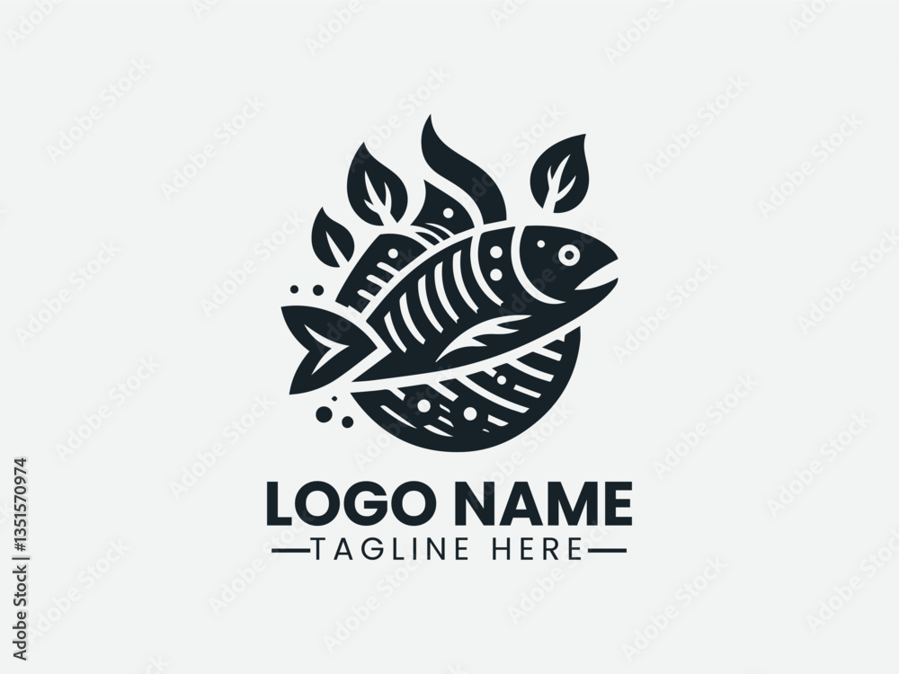 Fototapeta premium Monochrome fish silhouette with stylized fire and decorative elements. Seafood logo