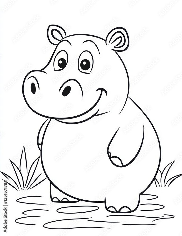 Fototapeta premium Smiling Hippo in Coloring Book Style: A friendly, outlined hippo with a joyful expression is depicted in a coloring book style, ideal for children's activities and creative projects. 