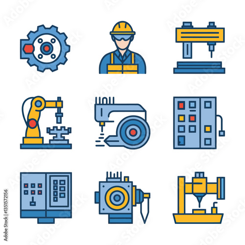 2d vector illustration colorful machine , worker and Industry and its development technology, factories and production lines icon
