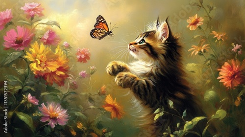 Kitten and Butterfly in a Flower Garden: A Serene Artistic Painting