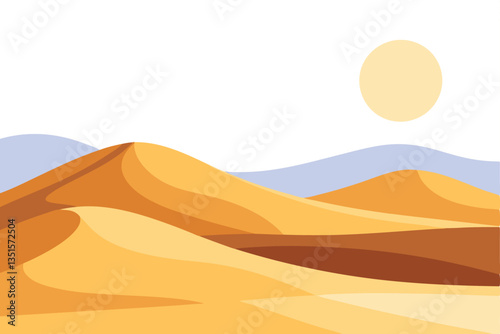Flat Desert Landscape With Dunes, Sand Ripples, Blue Sky, Pale Sun. Minimal Style