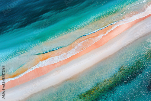 Colorful sand dunes on the beach stunning seascape, colorful stripes, natural landscape photography, aerial view, National Geographic photo.