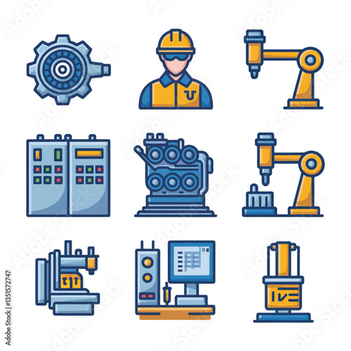 2d vector illustration colorful machine , worker and Industry and its development technology, factories and production lines icon
