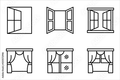 Vector set with windows for houses. Line icons windows for use in your design. Icons set of windows different types. Windows for the veranda.