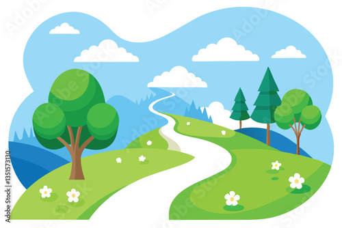 Flat Design Landscape with Winding Path, Trees, Hills, Sky, and Clouds