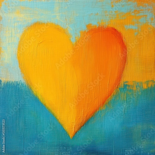 An abstract painting featuring a vibrant yellow heart shape
