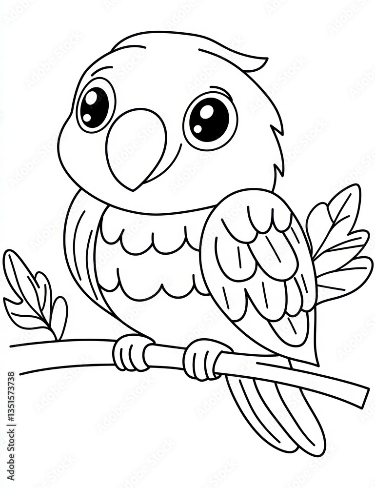 Fototapeta premium Cute Parrot on Branch: Adorable illustration of a cute parrot, perching peacefully on a tree branch, perfect for coloring or educational content.