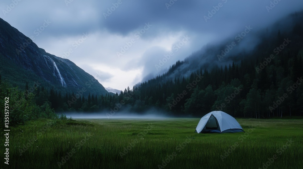 Serene Mountain Landscape with Tent Under Overcast Sky and Waterfall Serene Mountain Landscape with Tent Under Overcast Sky and Waterfall