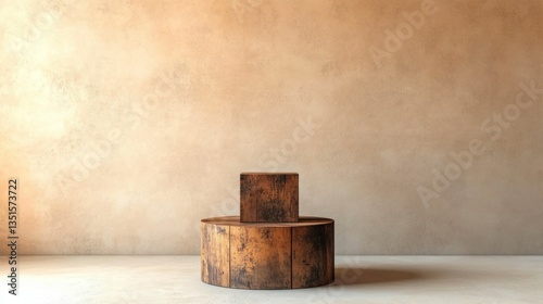 Wooden display podiums on beige wall