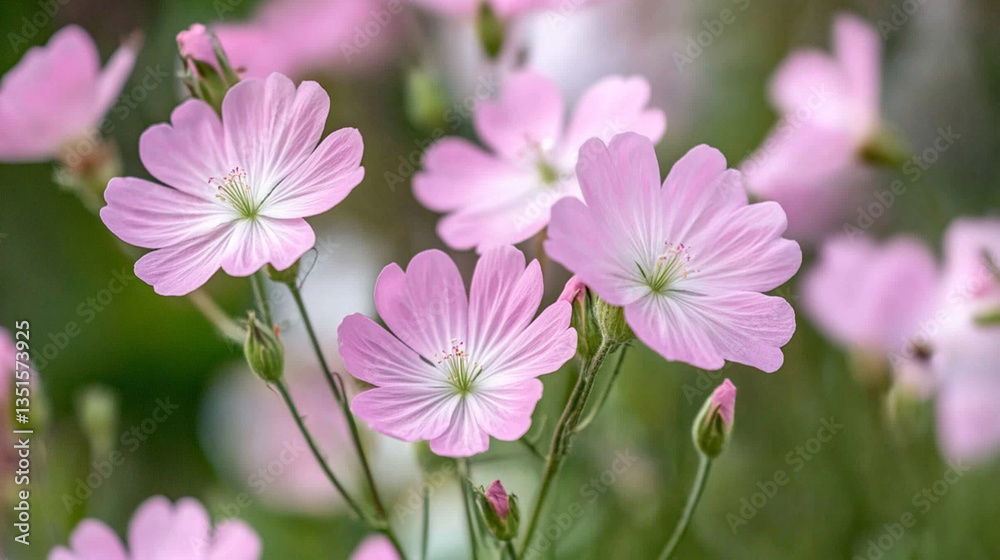 Delicate pink wildflowers blooming vibrantly in a lush green garden under soft sunlight Delicate pink wildflowers blooming vibrantly in a lush green garden under soft sunlight