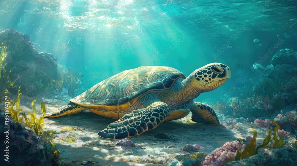 Fototapeta premium Majestic Sea Turtle in Vibrant Coral Reef
