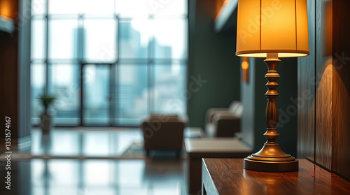 Warmly lit table lamp sits on wooden surface in hotel lobby or upscale living room