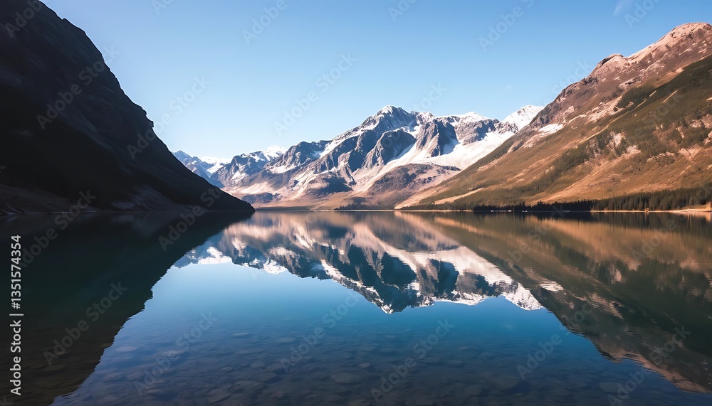 Fototapeta premium A majestic mountain range reflects perfectly on a calm lake water