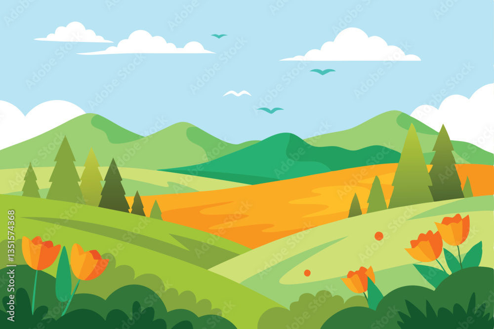 Fototapeta premium Flat Style Landscape with Green Hills, Mountains, Orange Fields, Flowers, and Blue Sky