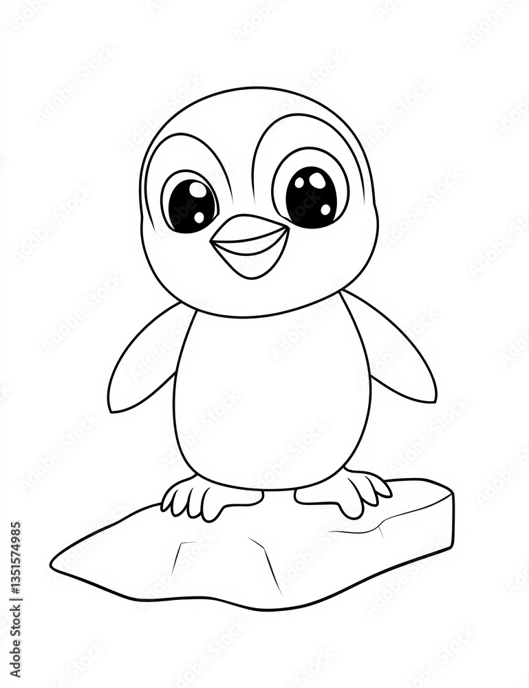 Obraz premium Cute Penguin on Ice Floe: An adorable cartoon penguin chick stands happily on a small ice floe, ready for coloring.