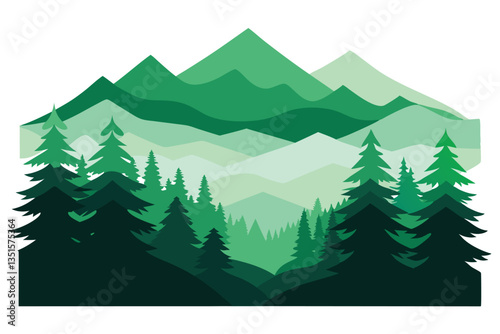 Green Toned Mountain and Forest Layers with Pine Trees Abstract