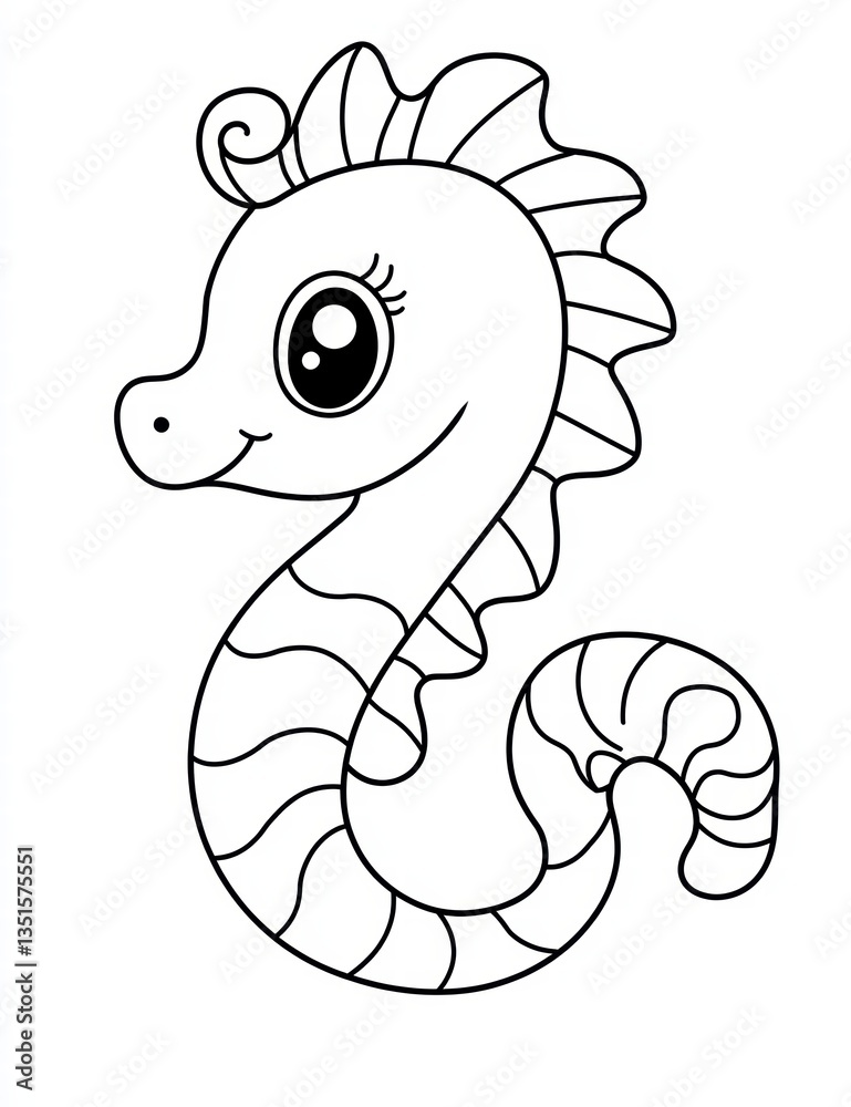 Fototapeta premium Adorable Seahorse Cartoon: A whimsical cartoon seahorse, rendered in playful line art, emanates charm.