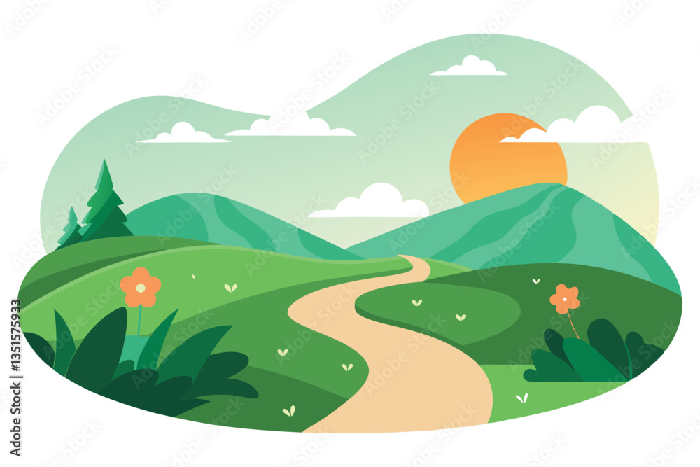Fototapeta premium Landscape View of Serene Hills, Winding Path, Green Fields, Trees, Flowers and Sky