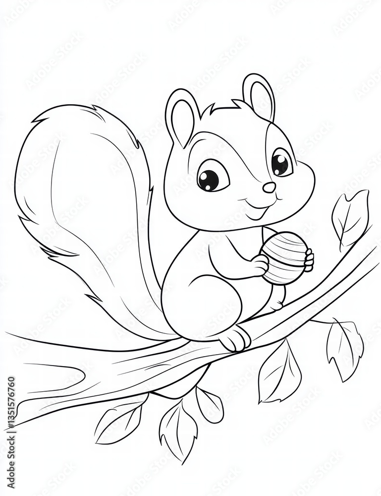 Obraz premium Cute Squirrel Holding Nut: An adorable cartoon squirrel perched on a tree branch, holding a nut in its tiny paws, radiating cuteness and cheer.
