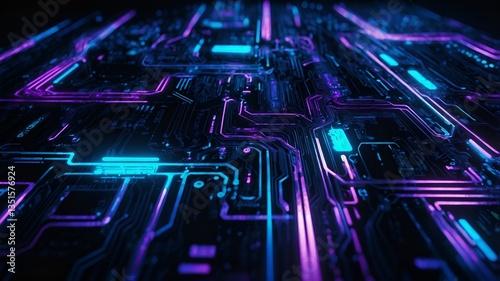 A futuristic dark background with glowing cyberpunk-inspired neon lines, circuit board patterns, and holographic elements