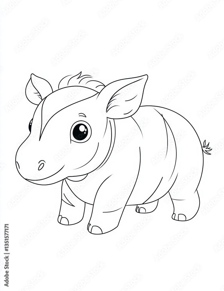 Obraz premium Adorable Baby Hippo: A cute baby hippo, in a delightful illustration, stands alone. The minimalistic outlines capture its charm and appeal.