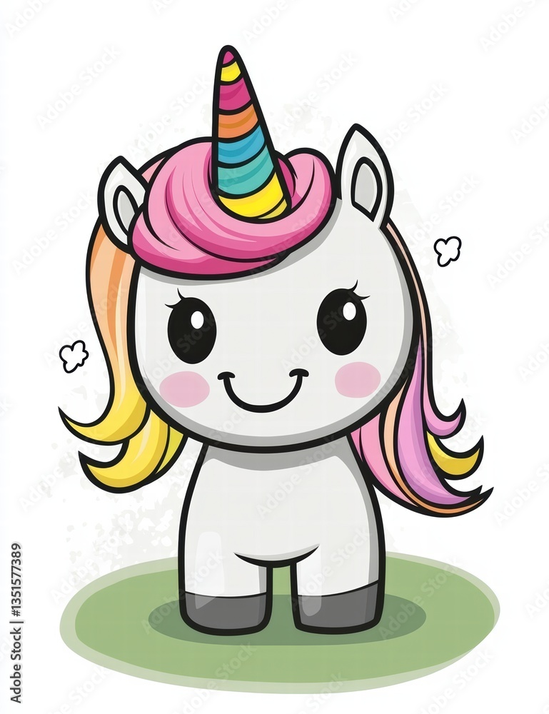 Naklejka premium Rainbow Mane Unicorn: A whimsical illustration of a charming unicorn with a vibrant rainbow mane, exuding cuteness and magic, perfect for children's designs.