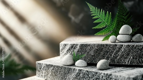 Zen stones, fern,  gray stone steps, sunlight