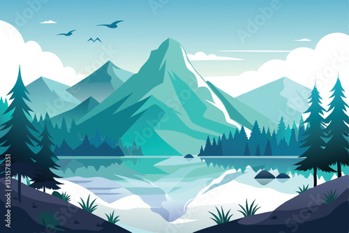 Mountain Landscape with Pine Forest, Lake Reflection, and Birds in Blue, Teal Tones