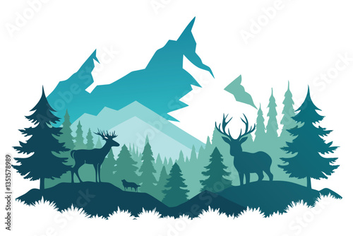 Mountain Silhouette with Pine Trees and Deer Wildlife in Teal & Turquoise